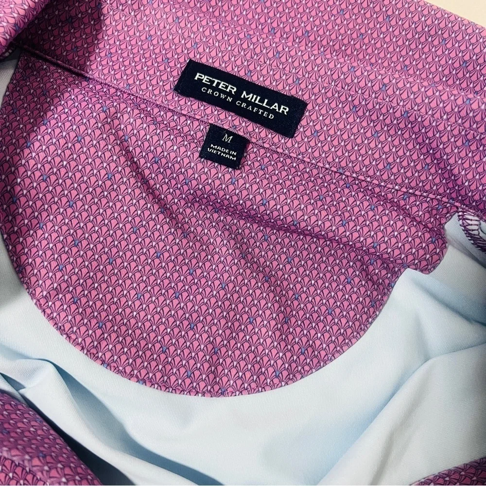 Peter Millar Men’s Medium Golf Polo Shirt Lavender & Blue Striped 3/4 Button EUC